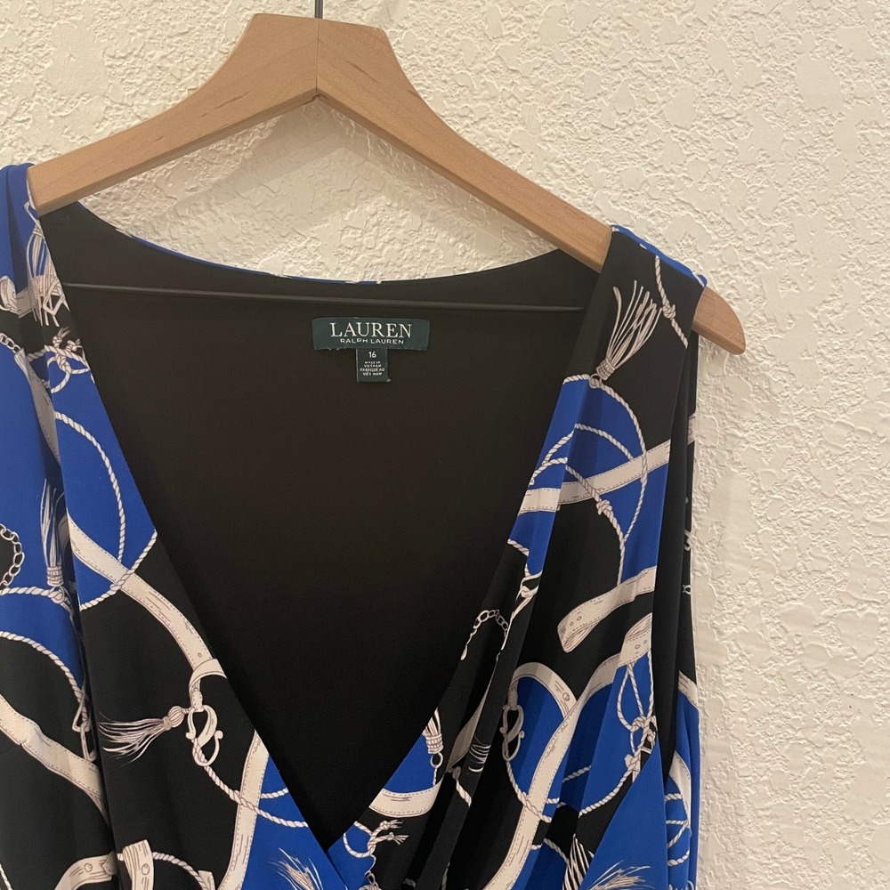 Lauren Ralph Lauren Blue Black Equestrian Chain Print Faux Wrap Dress Size 16 - Picture 3 of 9